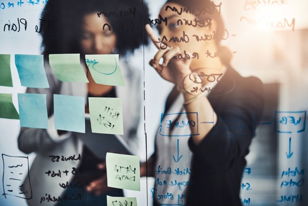 A planning session in front of a glass board mapping out a strategic plan